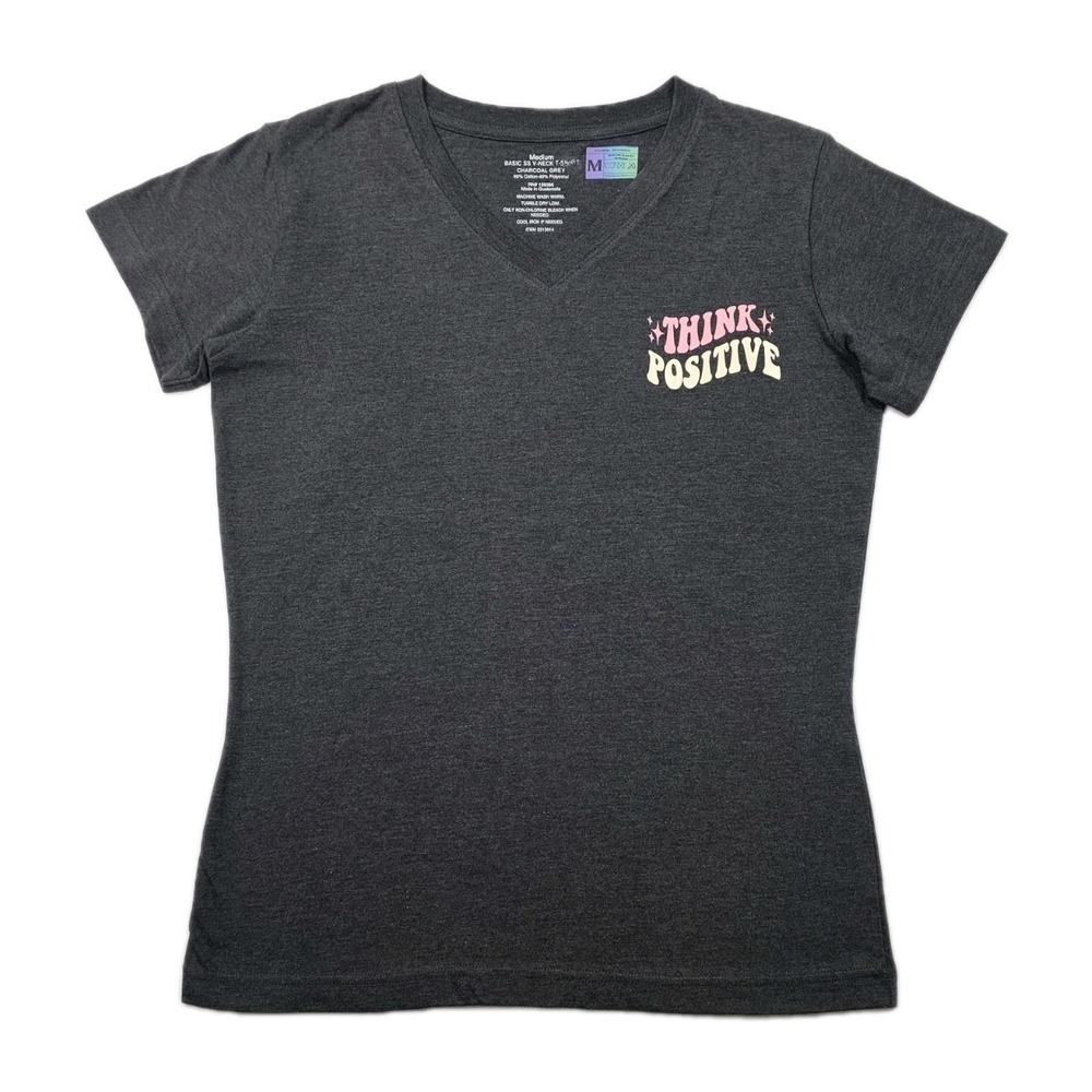 Think Positive Super Soft Womens Med Grey Charcoal T Shirt Fun Support Spellout